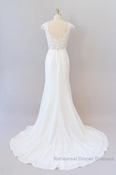 Long Sheath  Illusion Lace Wedding Dresses with Cap Sleeve